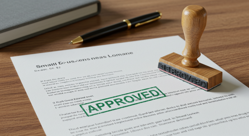 Approved small business loan document with a stamp on a desk