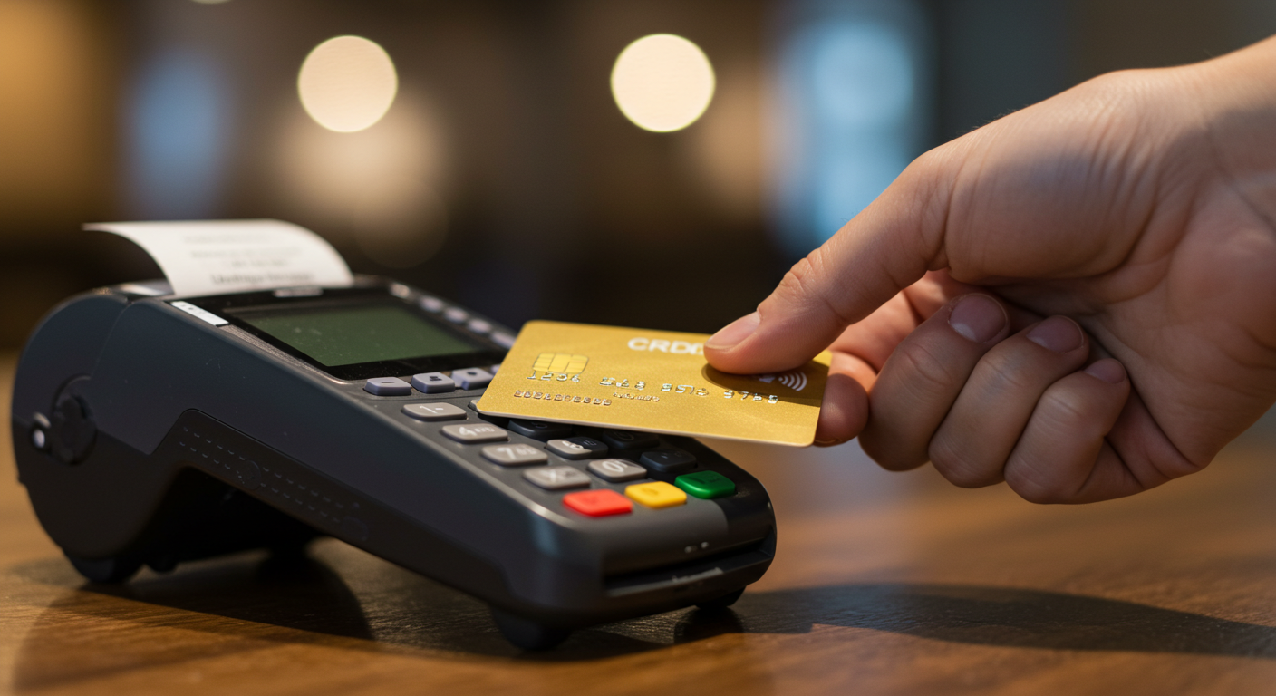 Close-up of a hand inserting a personal credit card into a POS machine