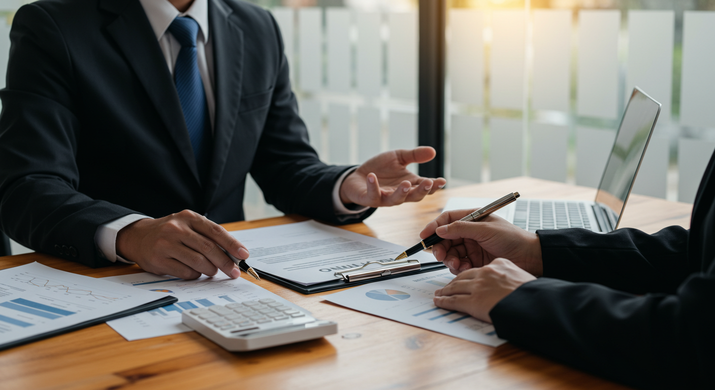 Startup founder reviewing loan documents for business capital
