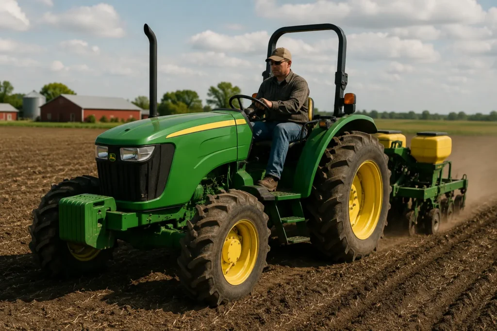 Small farm owner using a tractor on agricultural land funded through a farm equipment loan during planting season