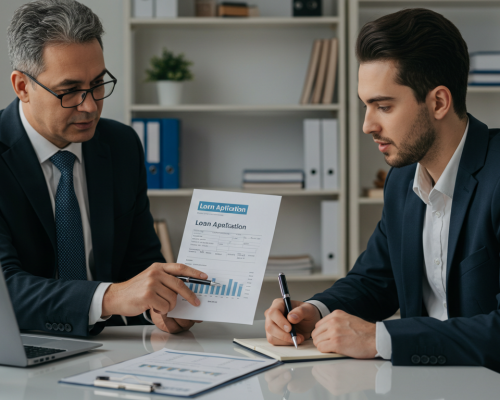 A professional financial advisor (mid-40s, dressed in business attire) sitting at a sleek office desk with a young startup founder (mid-20s to 30s) across from them. The advisor is pointing at a laptop screen showing charts and loan application forms, while the startup founder listens attentively, holding a pen and notepad. The background features modern office décor with shelves holding business books and a potted plant. The mood conveys trust, guidance, and collaboration in a well-lit, professional environment.